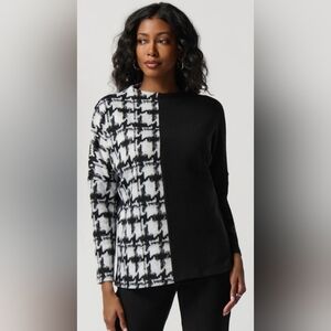 Joseph Ribkoff White/Black Houndstooth Jacquard Color Block Boxy Top Size 18